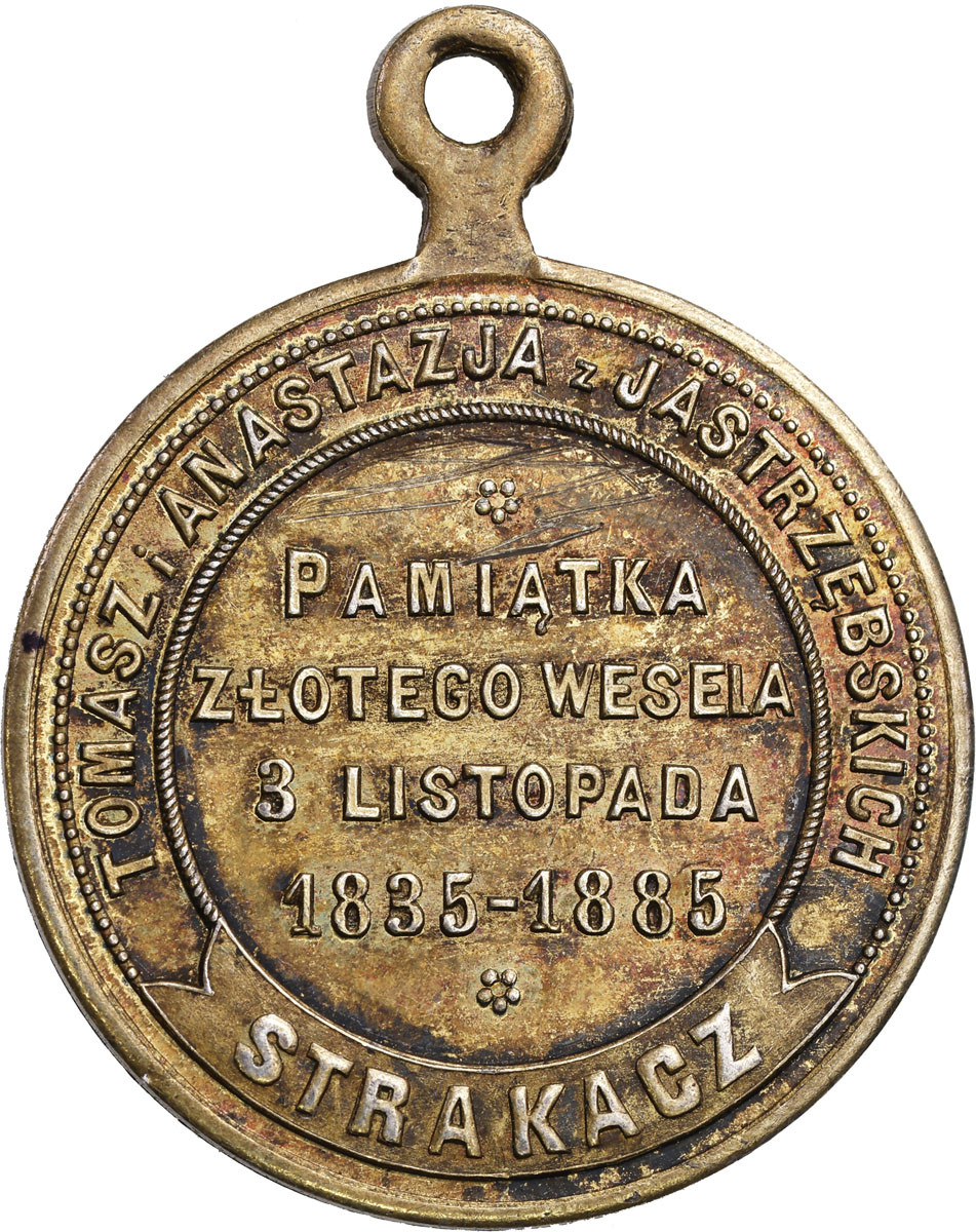 Polska pod zaborami. Medalik pamiątkowy  Złotego Wesela Tomasza i Anastazji Jastrzębskich 1835-1885, srebro